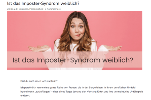 Screenshot Blogartikel "Ist das Imposter-Syndrom weiblich?" mit Foto einer Frau, die fragend mit den Schultern zuckt